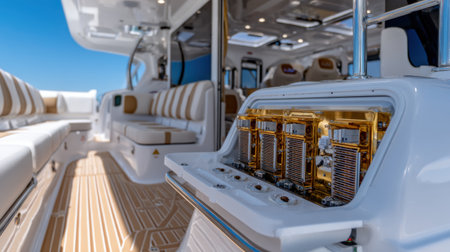 A boat with a gold-colored interior. The interior is decorated with gold and white. The boat has a lot of seating and a lot of goldの素材