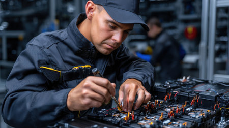 A man is working on a machine with a yellow and black tool. The man is wearing a black jacket and a hatの素材