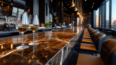 A bar with two wine glasses on a marble counter. The glasses are half full and the bar is full of chairsの素材
