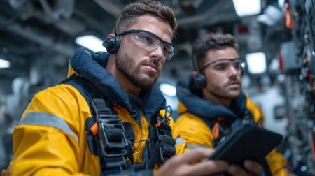 Two men in yellow jackets are wearing goggles and holding a tablet. They are looking at something on the tabletの素材