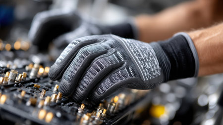 A man is wearing gloves and is touching a keyboard. Concept of precision and focus, as the man is likely working on a task that requires attention to detailの素材
