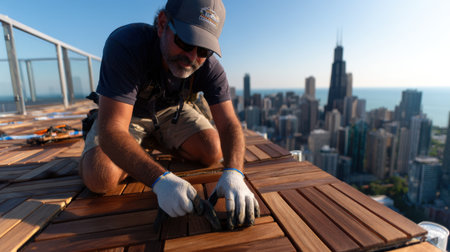 A man is laying on a wooden platform, fixing a tile. The city below him is visible, and the sky is clear and blueの素材