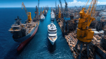 A large ship is docked in a harbor with several other ships. The harbor is surrounded by cranes and buildingsの素材