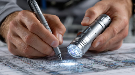 A man is writing with a pen and a flashlight. The pen is on the left side of the image, and the flashlight is on the right side. The man is focused on his writingの素材