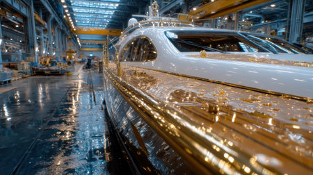 A boat is in a factory with a shiny gold paint job. The boat is in a large room with a lot of light and machineryの素材