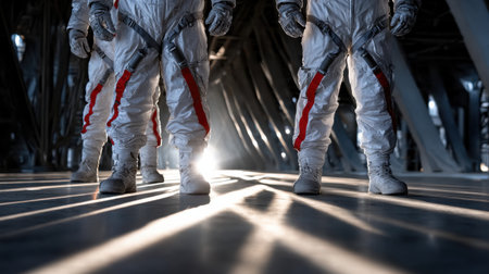Three astronauts in space suits stand in a hallway. The hallway is empty and the astronauts are the only people in the sceneの素材