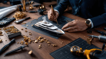 A man is drawing a boat on a table with gold and silver objects. Scene is creative and artistic, as the man is using his skills to craft a model of a boatの素材