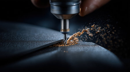 A person is using a drill to make a hole in a piece of wood. The drill bit is spinning and creating a small hole. Concept of precision and focus as the person carefully operates the drillの素材
