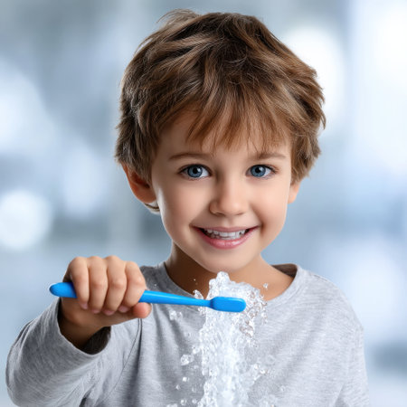A young boy is brushing his teeth with a blue toothbrush while water splashes around him. Concept of playfulness and innocence, as the child is engaged in a simple yet essential daily activityの素材