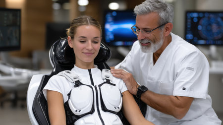 A man is helping a woman in a white shirt. The woman is wearing a white vestの素材