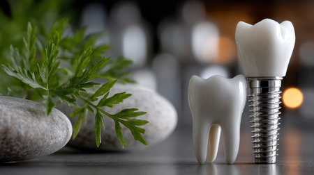 A tooth with a screw in it is shown next to a rock. Concept of stability and strength, as the screw provides support for the tooth. The rock in the background adds a natural element to the sceneの素材