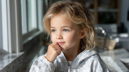 A young girl with blonde hair is sitting at a counter looking out the window. She is wearing a white hoodie and a blue shirtの素材