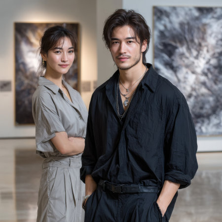 A man and a woman stand in front of a painting. The man is wearing a black shirt and the woman is wearing a grey shirtの素材