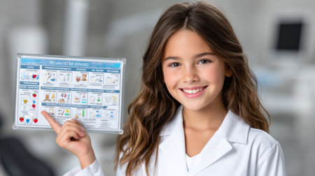 A young girl in a white lab coat is holding a piece of paper with a smile on her faceの素材