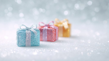 Three small boxes with glittery bows on them. The boxes are in different colors, with one being blue, one being pink, and one being yellow. The boxes are placed on a white backgroundの素材