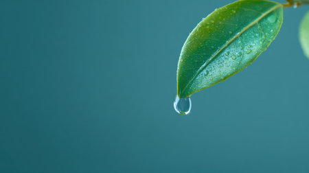 A leaf with a drop of water on it. The leaf is green and the water is clearの素材