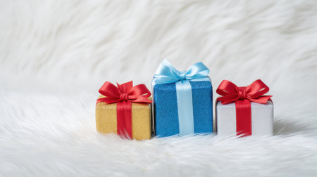 Three small boxes with ribbons on top of a white background. The boxes are decorated with ribbons and are placed on top of a white surfaceの素材