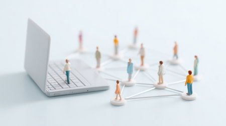 A group of people are standing around a laptop, with a network of people connecting them. Concept of community and collaboration, as the people are all connected through the laptopの素材