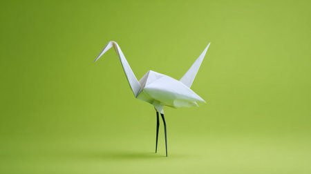A white origami bird stands on a green background. The bird is a crane, and it is the only bird in the image. The green background gives the image a calm and peaceful moodの素材