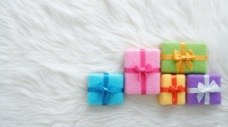 A row of colorful boxes with bows on them are arranged on a white background. The boxes are of different sizes and colors, and they are placed in a way that creates a sense of harmony and balanceの素材