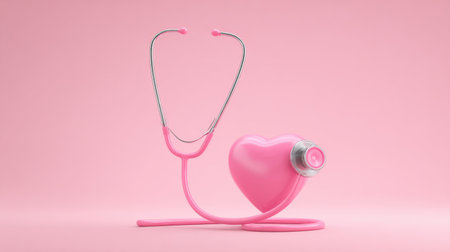 A pink stethoscope is placed next to a pink heart. Concept of care and concern for one's healthの素材