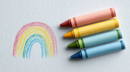 Rainbow and crayons on a white background. The rainbow is drawn with crayons and it is colorfulの素材