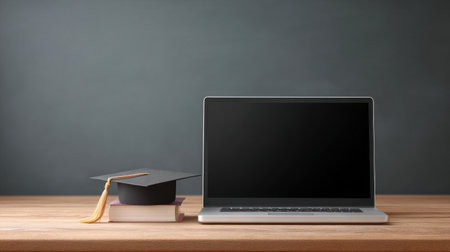 A laptop is on a desk next to a book and a graduation cap. The laptop is turned off and the cap is on top of itの素材