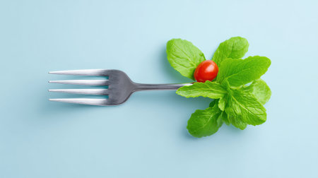 A fork with a leaf and a tomato on it. The fork is silver and the leaf is greenの素材