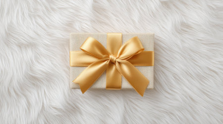 A gold wrapped gift box with a yellow ribbon sits on a white surface. The ribbon is tied in a bow, and the box is decorated with gold accents. Concept of luxury and celebrationの素材