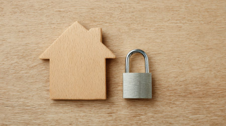 A wooden house with a lock on the door. The lock is silver and the house is brownの素材