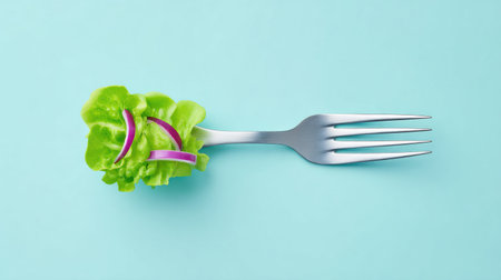 A fork with a salad on it. The fork is silver and the salad is green. The salad has onions on itの素材