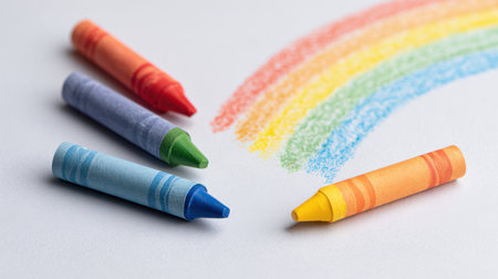 A rainbow is drawn on a white background with four crayons in the foreground. The rainbow is drawn with a crayon that is not part of the rainbowの素材