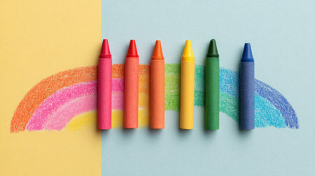 A rainbow is drawn with crayons on a blue background. The crayons are arranged in a row, with the colors red, orange, yellow, green, blue, and purpleの素材