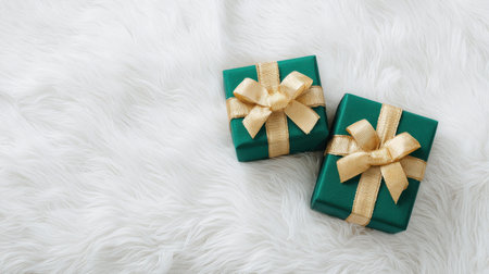 Two green boxes with gold bows on top of a white background. The boxes are placed next to each other, creating a sense of unity and harmony. The gold bows add a touch of eleganceの素材
