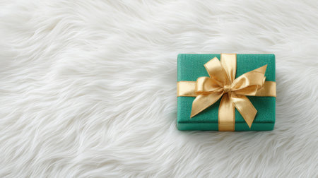 A green box with a gold bow on top sits on a white surface. The box is wrapped in shiny material and he is a gift. The white background and the bright colors of the box create a festiveの素材