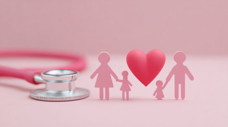 A pink heart with a family of four people holding it. A stethoscope is next to the heartの素材