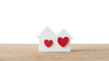 Two small houses with hearts on them. The houses are white and red. The houses are on a wooden tableの素材
