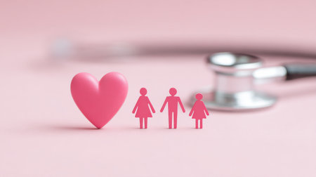 A pink heart is surrounded by three people, one of whom is a woman. Concept of love and family, as the heart and people are all connectedの素材