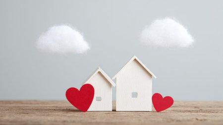 Two white houses with red hearts on the ground in front of them. The houses are small and the clouds are fluffyの素材
