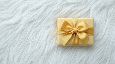 A gold wrapped gift with a bow on top sits on a white fur rug. The gift is wrapped in gold paper and ribbon, and the bow is tied in a neat bow. Concept of celebration and joyの素材