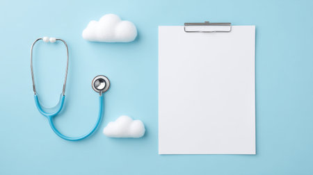 A blue stethoscope is on a blue background with a white paper. The stethoscope is surrounded by clouds, which gives the image a dreamy, whimsical feelの素材