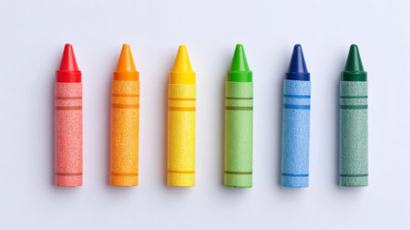 A row of crayons with different colors. The colors are red, yellow, green, blue, and purpleの素材