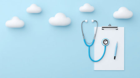 A blue stethoscope is on a white clipboard with a pen. The clipboard is on a blue background with clouds in the backgroundの素材