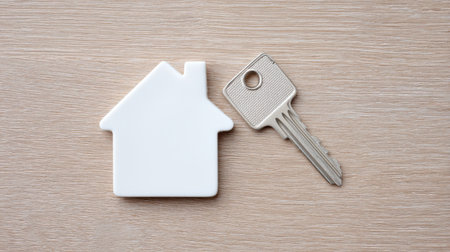 A house and a key are on a wooden surface. The house is white and the key is silverの素材