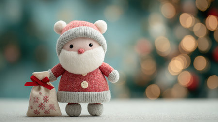 A small stuffed santa standing next to a red bag. The bag is red and has a ribbon on itの素材