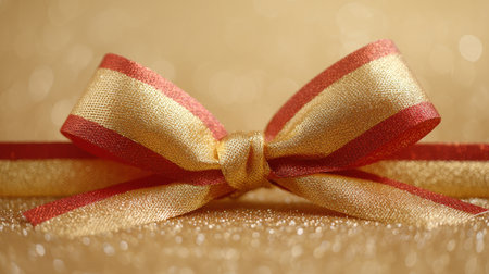 A gold and red ribbon bow is on a gold background. The ribbon is shiny and has a red stripe. The bow is the main focus of the image, and it is a gift or decorationの素材