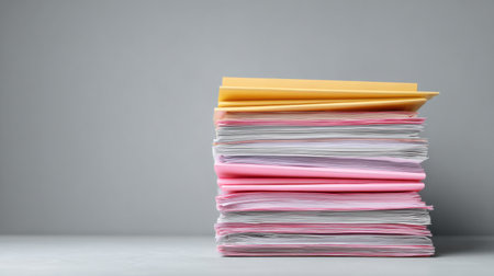A stack of papers with a yellow envelope on top. The stack is piled high and the papers are pink and whiteの素材