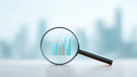 A magnifying glass is used to look at a graph of numbers. The numbers are in different colors and the graph is showing a downward trendの素材