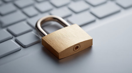 A gold key is on a keyboard, with a lock on it. The lock is open, and the key is missing. Concept of vulnerability and insecurity, as the lock is not properly secured and the key is missingの素材