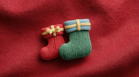 Two knitted red and green Christmas stockings with a bow on each. The red one is on the left and the green one is on the rightの素材